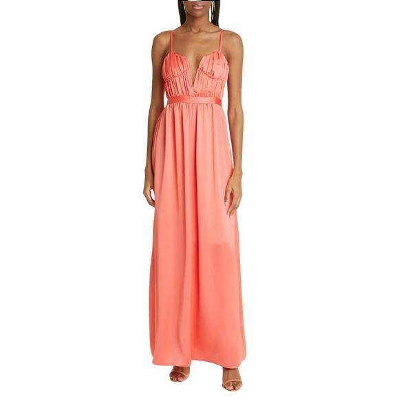 Ramy Brook Becky Gown Plunge Neck Satin Slit Maxi Dress Guava Pink Coral Size 4 - Picture 1 of 14